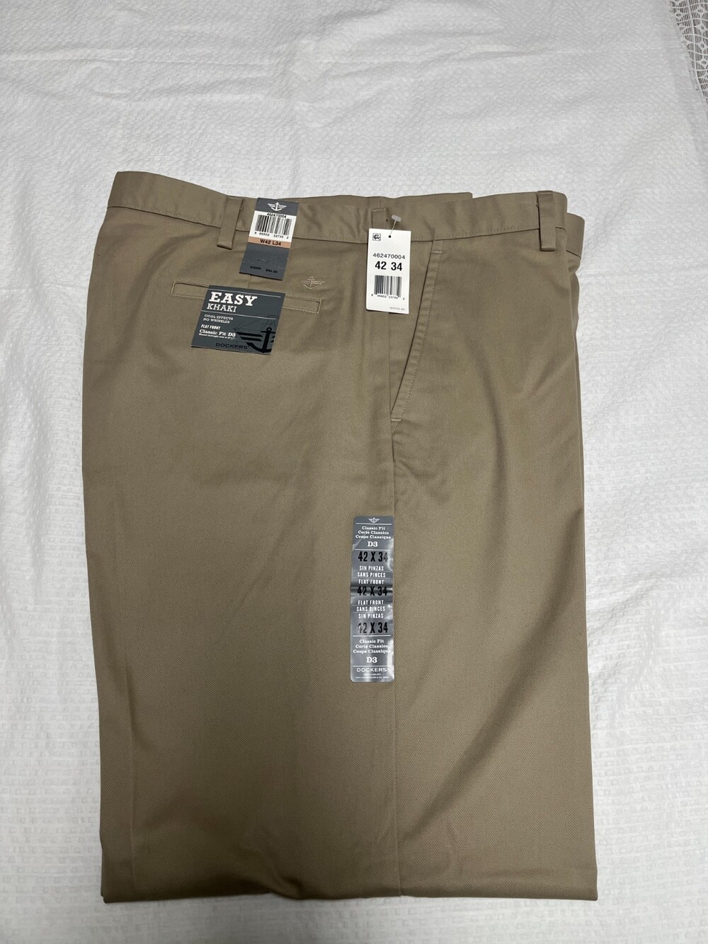 Men's Dockers D3 Classic Fit Khaki Pants 42x34 Tan Flat Front NWT